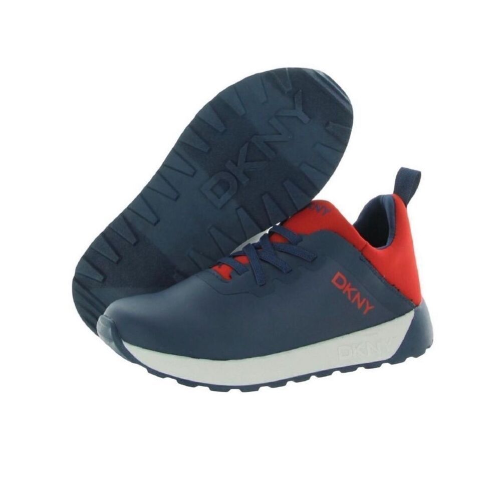 NWT In Box DKNY Jay Jace Sz 12 Boy’s Navy Blue Red Logo Fashion Sneakers Shoes